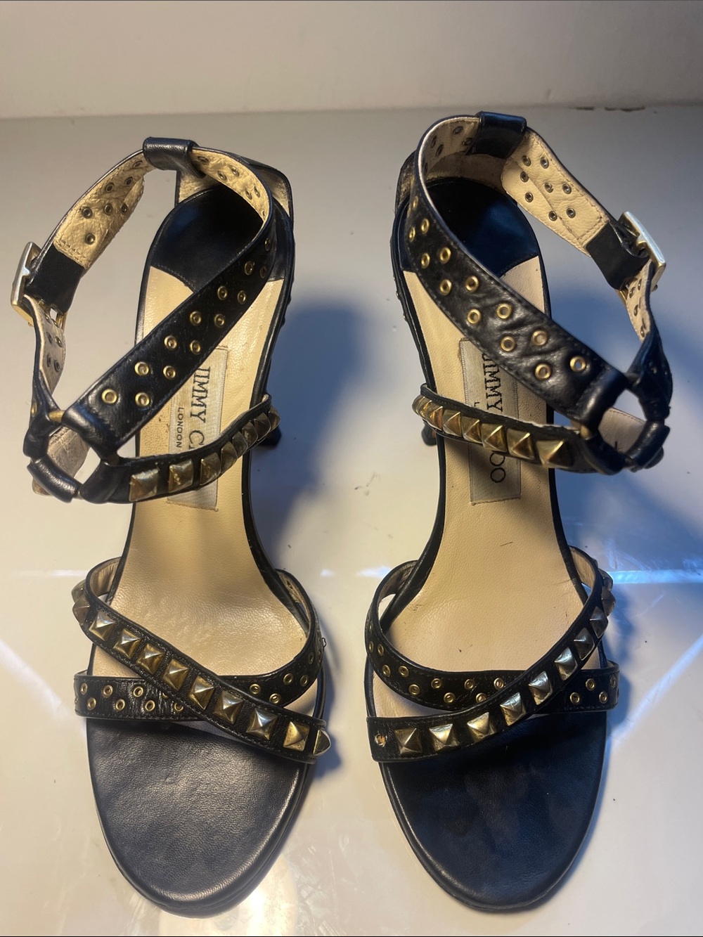 Jimmy Choo Black Leather Studded Ankle-Strap Heels